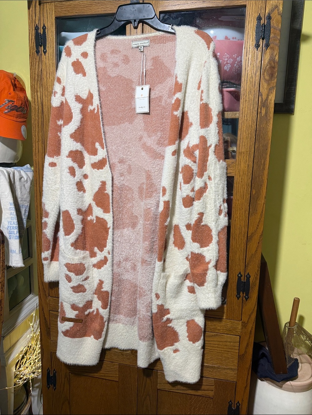 Simply Southern Cream & Rust Cow-Print Open Front Cardigan